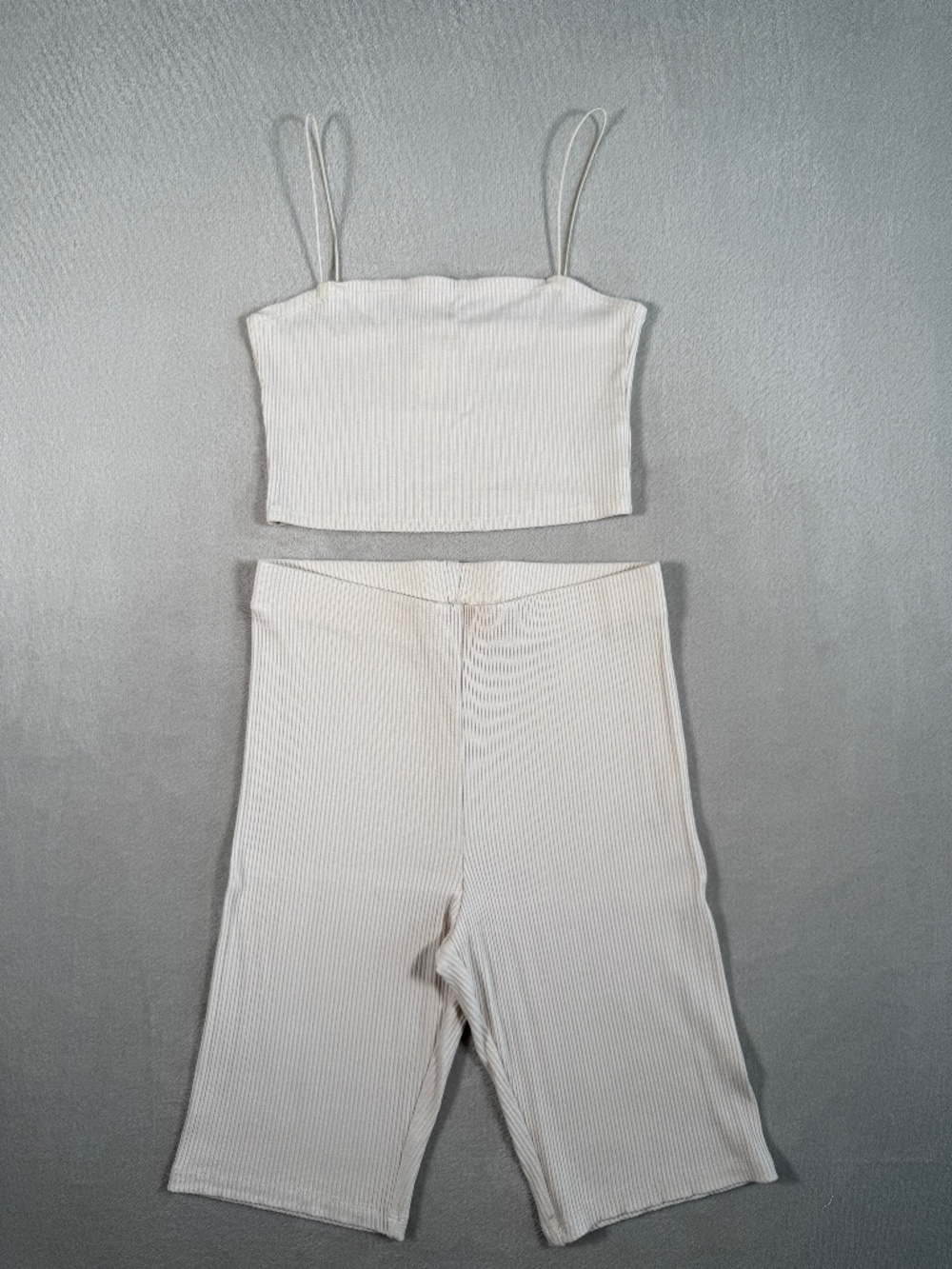H&M Training Set Womens Small Light Beige Ribbed Top and Biker Shorts